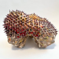 Spine Basket; polymer clay, glass beads, steel wire, acrylic and oil on cotton paper